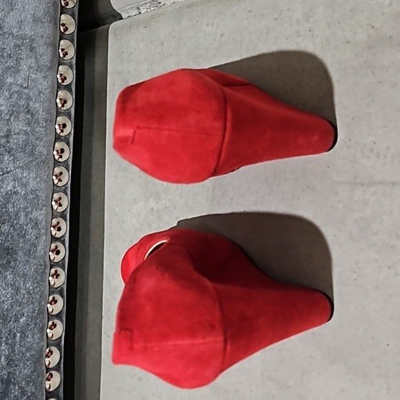 Red Suede Peep Toe Wedge Heels - Picture 4 of 5